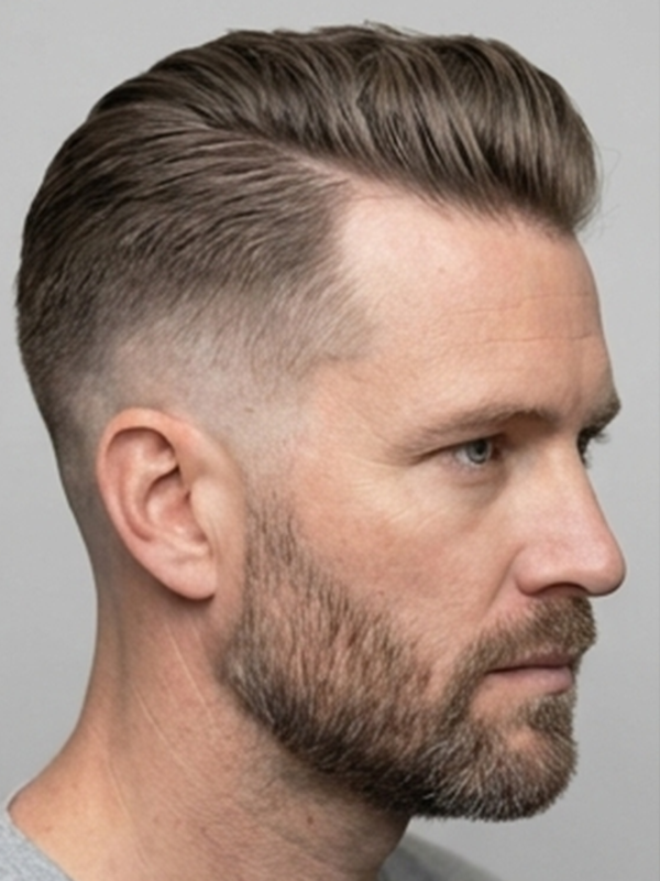 Slick back z przedziałkiem na środku u mężczyzny po trzydziestce