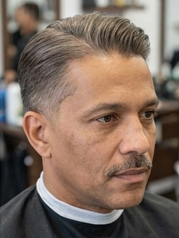 Slick back z przedziałkiem na środku u mężczyzny z brodą